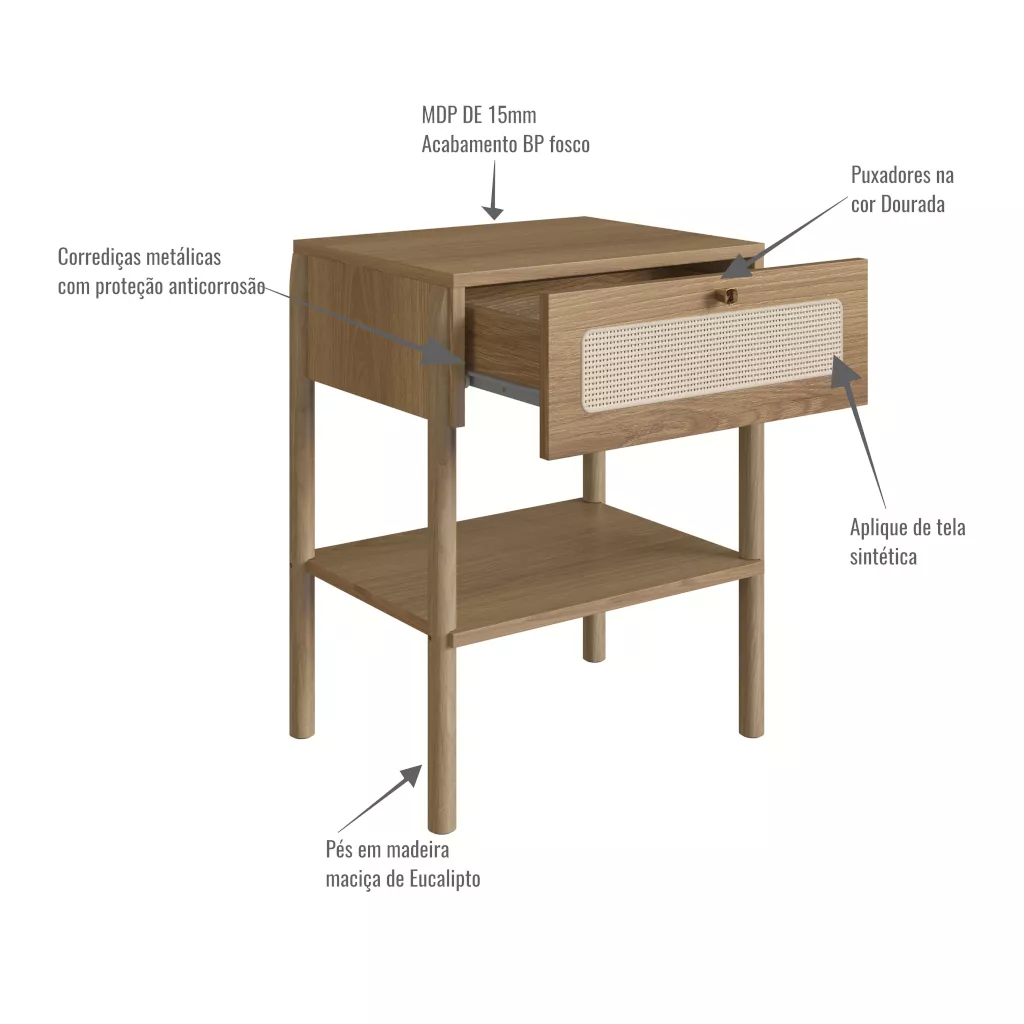 Mesa de Cabeceira Oslo Com 1 Gaveta Pés Em Madeira