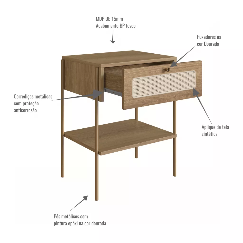 Mesa de Cabeceira Oslo Com 1 Gaveta Pés Em Aço