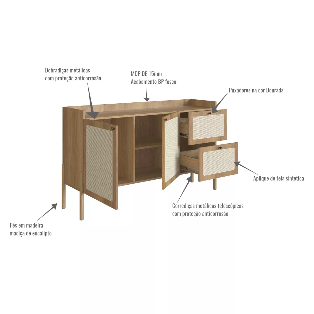 Balcão Buffet Oslo 139cm Pés Em Madeira